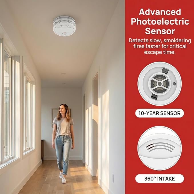 3 Pack Photoelectric Smoke Detector, 10-Year Battery Operated Fire Alarm - Image 4