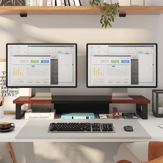 WESTREE Dual Monitor Stand Riser, Wood and Steel Monitor Stand Riser, Computer Monitor Stand for 2 Monitors, Multi-Purpose Desktop Storage Stand for Computer,Laptop,Printer,TV