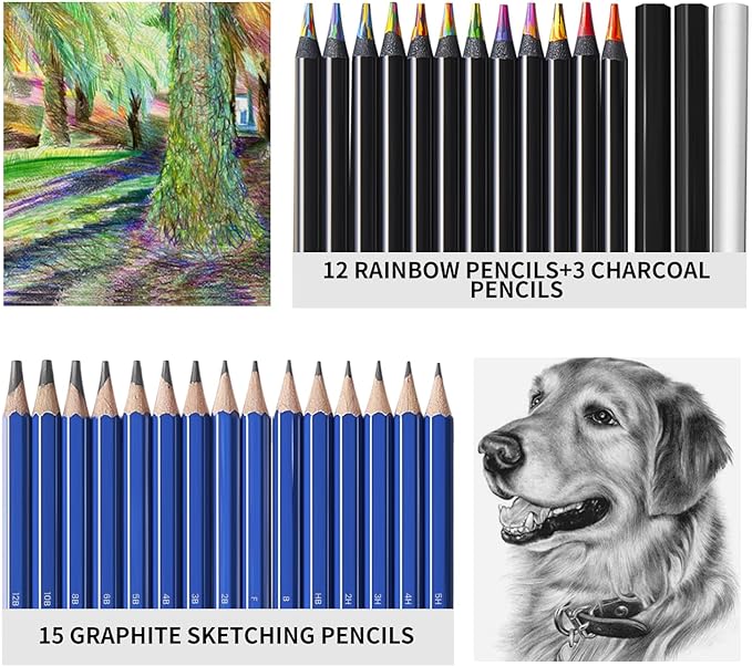 PRINA 81 Drawing Set Sketching Kit, Pro Sketch Pencils Art Supplies with Rainbow, Colored, Graphite, Watercolor, Metallic, Charcoal Pencil, Sketchbook, Coloring Book, Gift Case for Artists Adults Kids