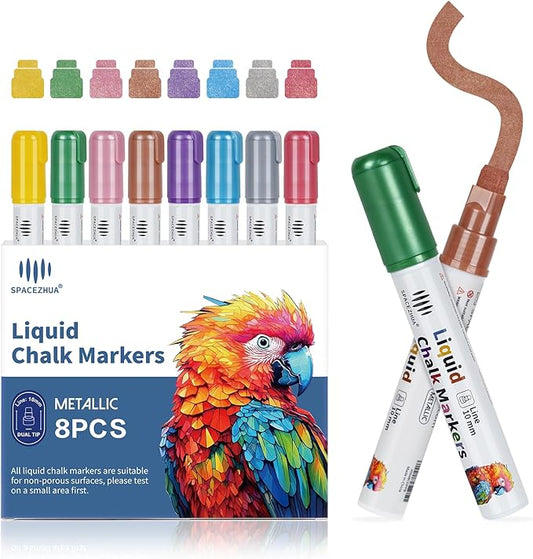 Jumbo Chalk Markers for Windows Washable, 8 Metallic Colors Liquid Chalk Pens Erasable with 10mm Thick Tips for Auto, Glass, Mirror, Poster, Bistro, Blackboard, Car of DIY