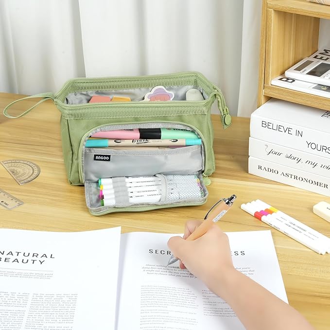 Pencil Case Pouch Large Capacity with Compartments, Pencil Case Pouch Bag with Zipper Handle for Teen Girls Boys Adults Women Men, Portable Pen Bag Stationery Organizer for Office School Travel, Green