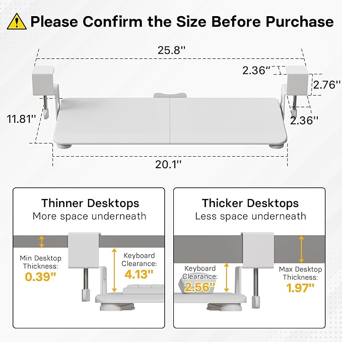 BONTEC KMT01-PJ Under Desk Keyboard Tray, Pull-Out Keyboard & Mouse Platform with C-Clamp, 20 x 11.8 in Space-Saving Ergonomic Slide-Out Drawer, White