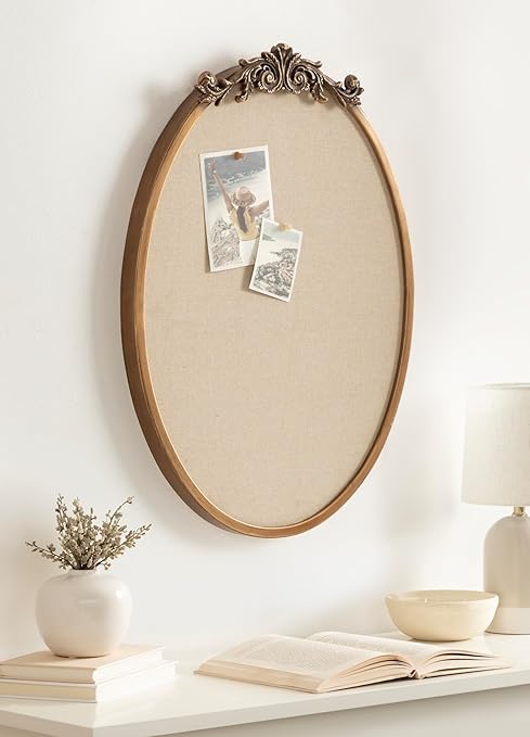 Kate and Laurel Arendahl Decorative Oval Pinboard, 18 x 24, Gold, Framed Round Ornate Vintage Cork Board for Use as Motivational Vision Board or Wall Organizer