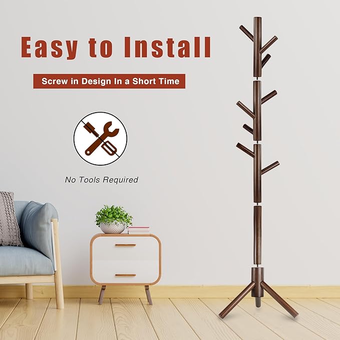 Wooden Coat Rack, Free Standing Coat Rack with 8 Hooks 3 Adjustable Heights for Clothes, Hats, Handbags, Coat Tree Easy Assembly for Entryway, Bedroom, Hallway, Office (New Brown)