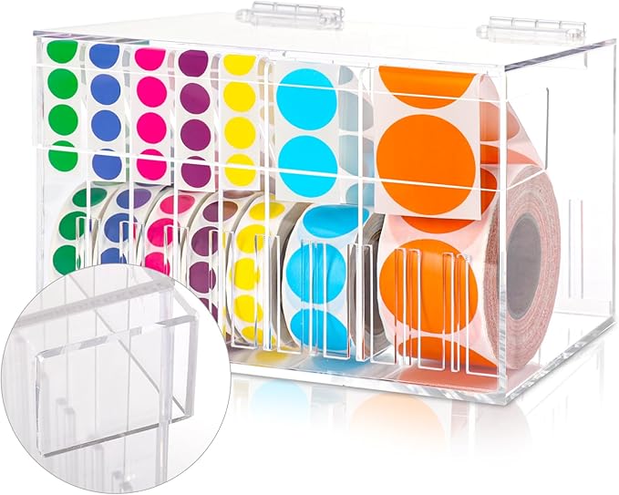 10 Disks Adjustable Label Dispenser with Lid 7.7 * 5.5 * 5.2 Inches Acrylic Sticker Dispenser Sticker Roll Holder for Holding Multi-Label Sticker Tape Date Markers Label Office (Not Include Sticker)