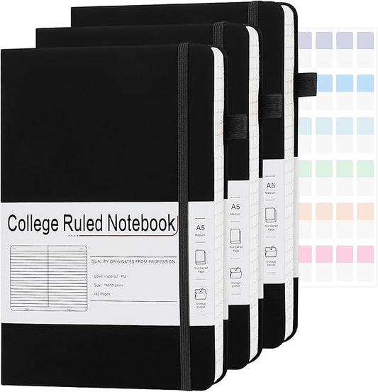 A5 Lined Journal Notebooks for Work, 192 Pages, Medium 5.7 x 8.3inch, College Ruled, Vegan Leather Hardcover Journals for Women Men,3 Pack