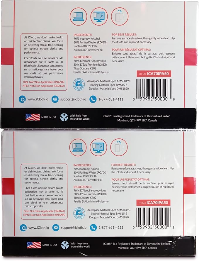 iCloth 70% Isopropyl Alcohol Large Screen and Electronics Wipes, Lint-Free, Streak-Free, Fast-Drying, Removes Dust and Fingerprints (100 Wipes)