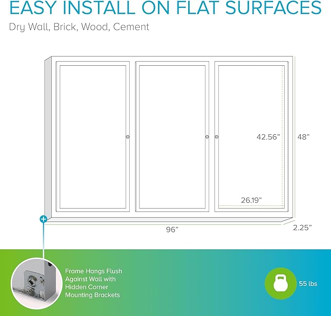 Ghent 48"x 96" 3-Door indoor Enclosed Bulletin Board, Shatter Resistant, with Lock, Satin Aluminum Frame - Natural Cork (PA34896K)-Made in USA