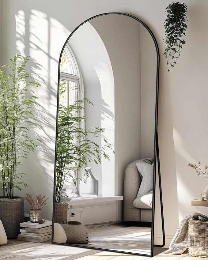 Full-Length Floor Mirror with Stand, 58"x21" Arched Style Full Body Standing Mirror for Bedroom, Living Room, Gym, Dorm - Shatter-Resistant & Easy Assembly, Black