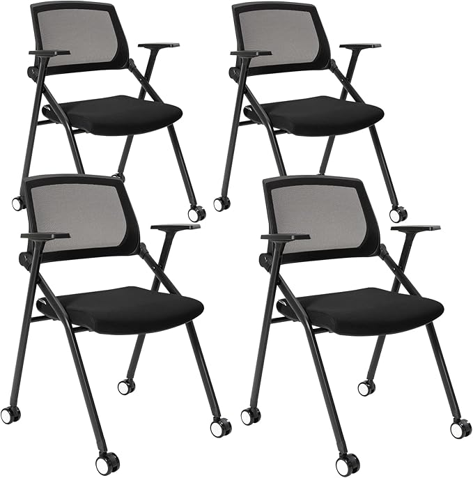 Home Office Chair Set of 4 Adjustable Armrest Ergonomic Mid-Back Breathable Mesh Foldable Conference Reception Chairs for School Waiting Room Small Space