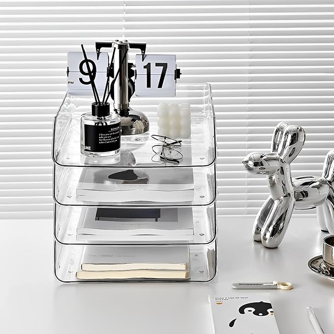 Gagee 2 Pack Paper Organizer for Desk,Clear Stackable Paper Sray, Office Desk Organizer for Notes, Pens, File, Document, Paper Holder ﻿