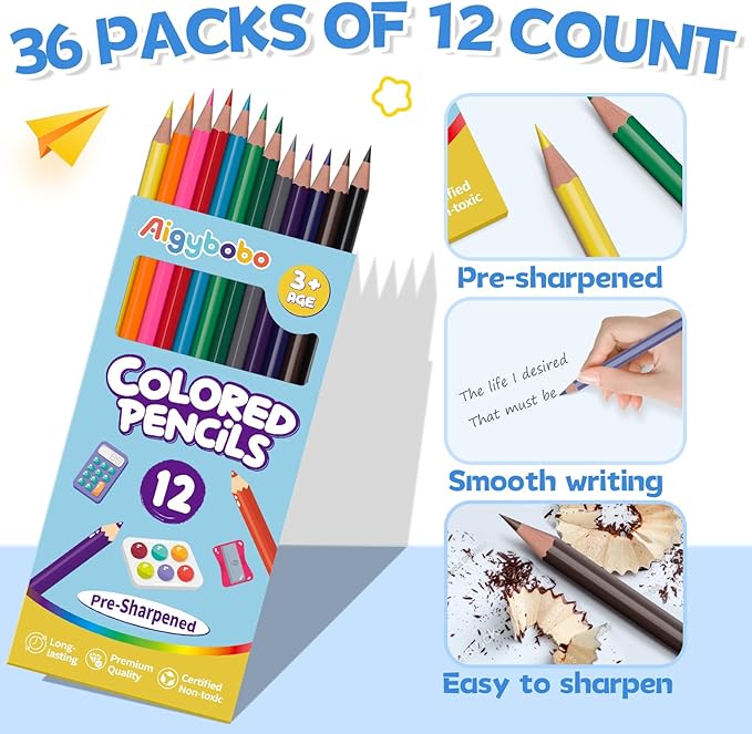 Aigybobo 432 Count Colored Pencils Bulk, 36 Pack Colored Pencils for Kids 12 Colors, Pre-sharpened Color Pencils, Bulk Coloring Pencils School Supplies for Teachers, Classroom Prizes, Art Supplies