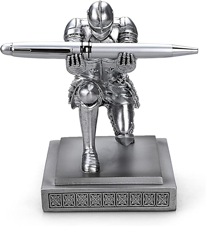 Knight Pen Holder Pen Stand Desk Organizers and Accessories Resin Pencil Holder as Gift with a Fancy Pen for Office and Home Desk Organizer (Silver)