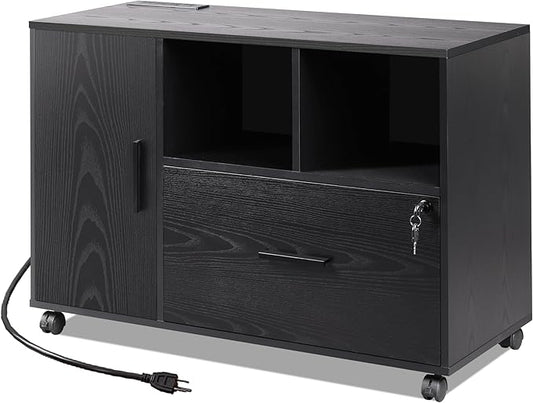 DEVAISE File Cabinet with Charging Station, 1-Drawer Lateral File Cabinets with Lock for Home Office, Wooden Rolling Printer Stand with Shelves, Black
