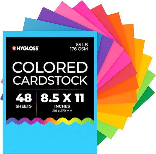 Hygloss Bright Colored Cardstock - 8.5x11-Inch, 12 Assorted Colors, 48 Sheets, 65 lb/ 176 gsm, Fade-Resistant, Acid-Free Color Card Stock Paper