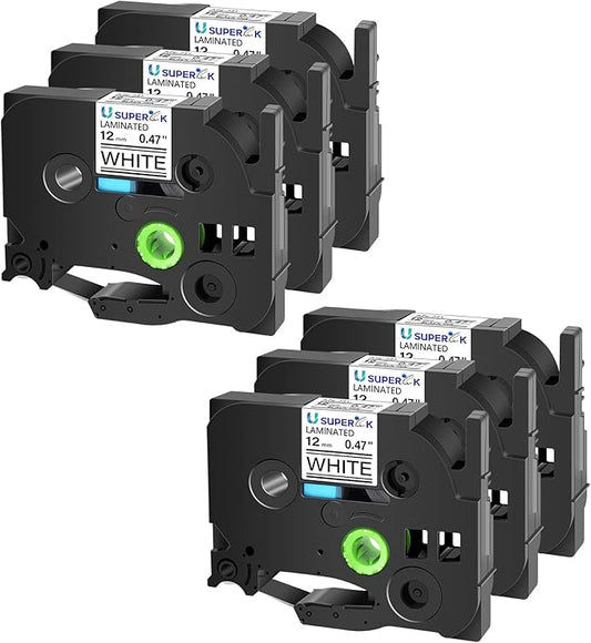 6 Pack 12mm 0.47 Laminated White Tape Compatible for Brother P-Touch Label Maker Tape TZe-231 12mm Label TZe231 1/2 Inch TZe TZ Tapes TZ-231 TZ231 for PT-D210 D200 D220 H100 H110 D400