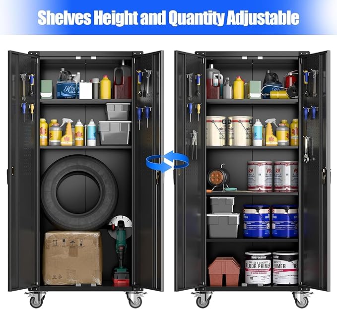 Aobabo Black Metal Garage Cabinet with Pegboard,72In Lockable Storage Cabinets with 2 Doors&4 Adjustable Shelves, Steel Cabinets for Garage&Home Storage,Easy-Assembly