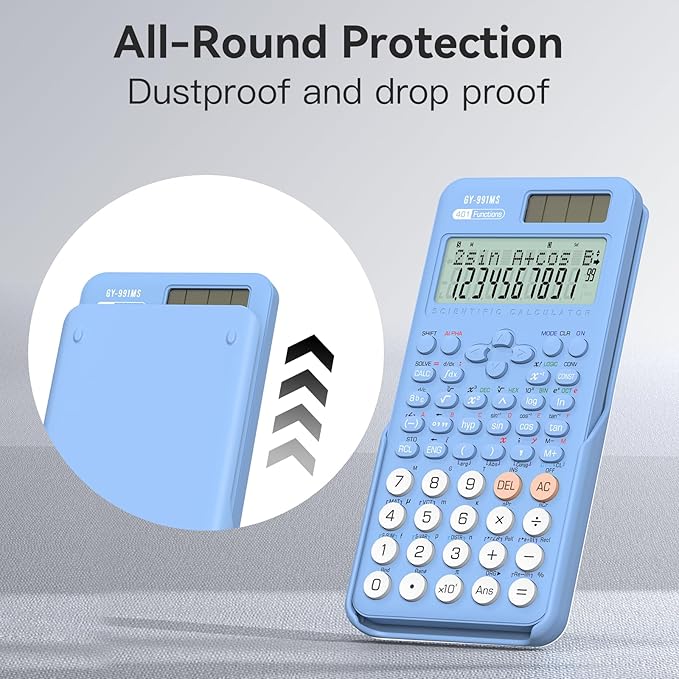 Scientific Calculator School Supplies, ROATEE 991MS 401 Functions 2-Line Display Desktop Calculator with Sliding Cover, Solar Battery Dual Power Kawaii for Middle High School Student and Teacher Blue