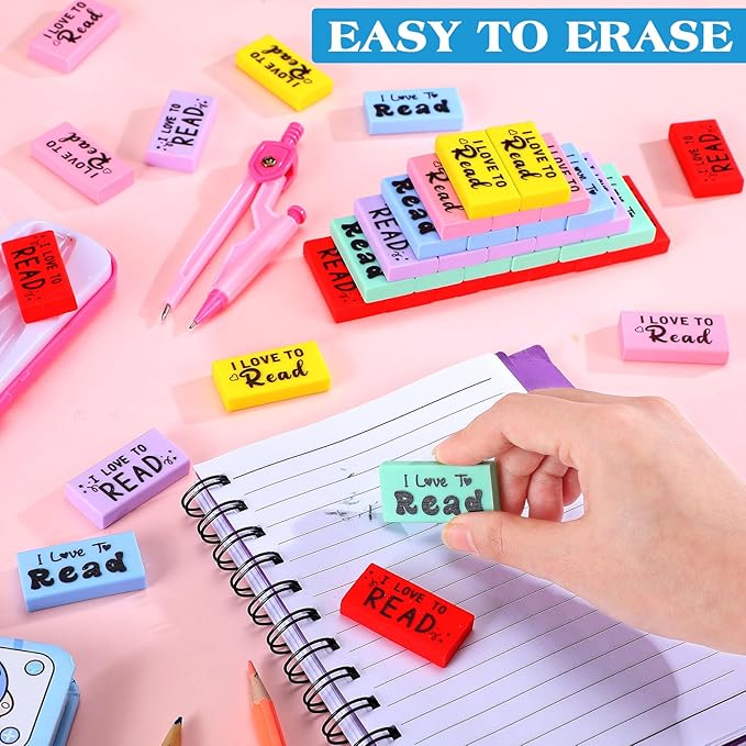300 Pcs Inspirational Erasers for Kids Back to School Gifts I Love to Read Small Colorful Pencil Erasers for Students Classroom Cute Motivational Gift for Drawing School Office Supplies