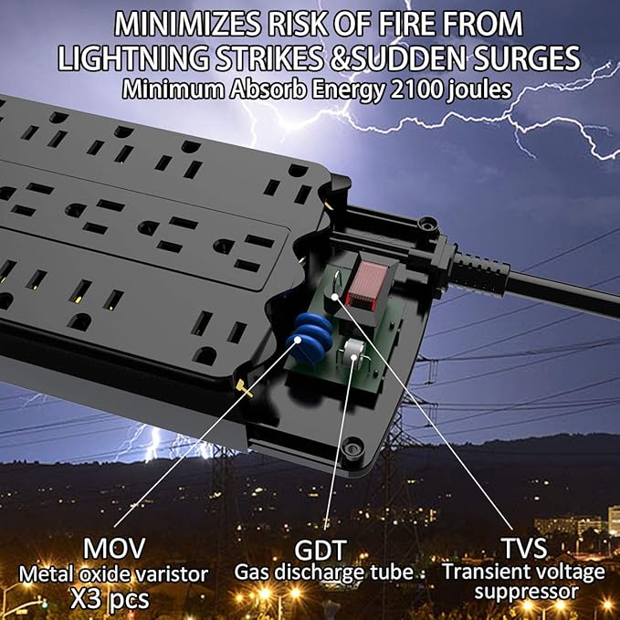 6FT Yintar Surge Protector Power Strip - Flat Plug Extension Cord with 18 AC Outlets for Home, Office, Dorm Essentials, 2100 Joules, ETL, Black