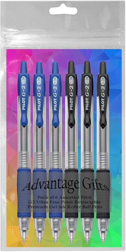 G2 Retractable Premium Gel Ink Roller Ball Pens Ultra Fine Point (.38mm) Black/Blue Ink 6 pack; Refillable & Premium Comfort Grip Bundle with Plastic Reusable Pouch
