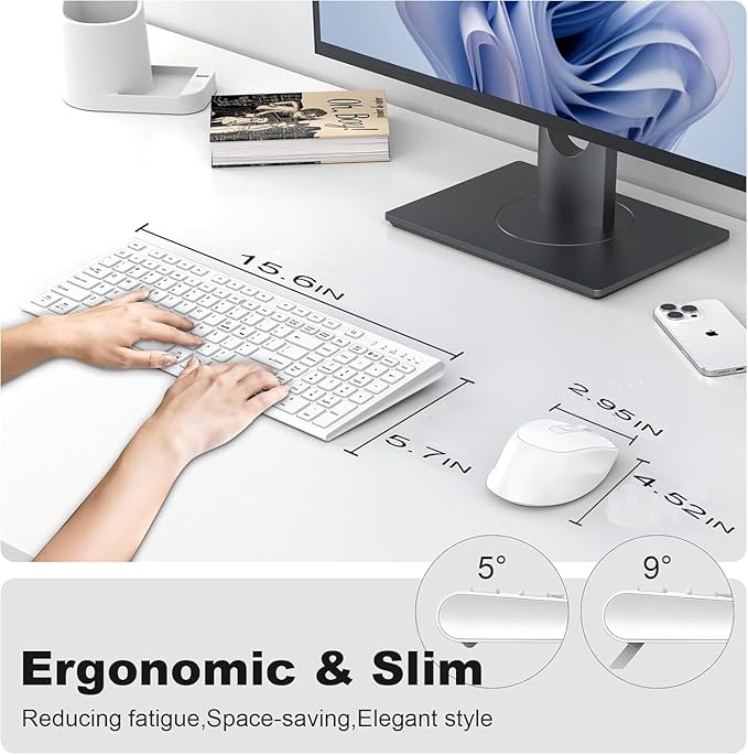 FENIFOX Wireless Keyboard Mouse Combo, Ergonomic Rechargeable Silent Quiet Slim Compact Full-Size USB C with Number Pad Flat Soft Cover for PC Computer Laptop Mac MacBook iMac TV Windows OS - White