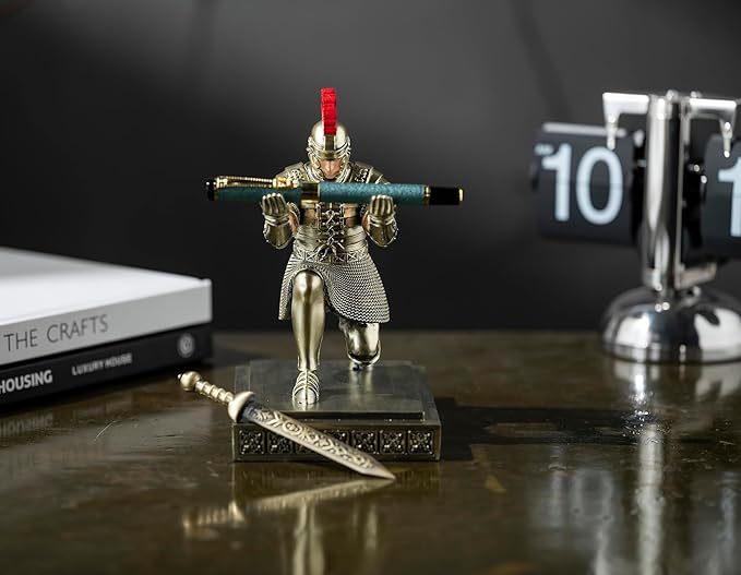 Roman Praetorian Warrior Knight Pen Holder Desk Ornament Resin Pencil Holder Desk Accessories and Organizer for Office with a Letter Opener (Bronze)