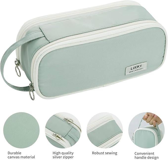 Dugio Big Pencil Case for Girls Teens Kids Zipper Pencil Pouch with Handle Organizer Pencil Bag Aesthetic Pencil Box for School Green