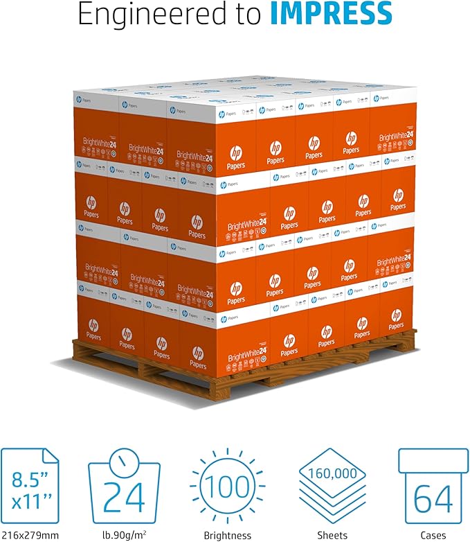 HP Papers Printer Paper 8.5 x 11 Paper BrightWhite 24 lb 60 Case 100 Bright Made in USA - FSC Certified 203000P Pallet 160000 Sheets