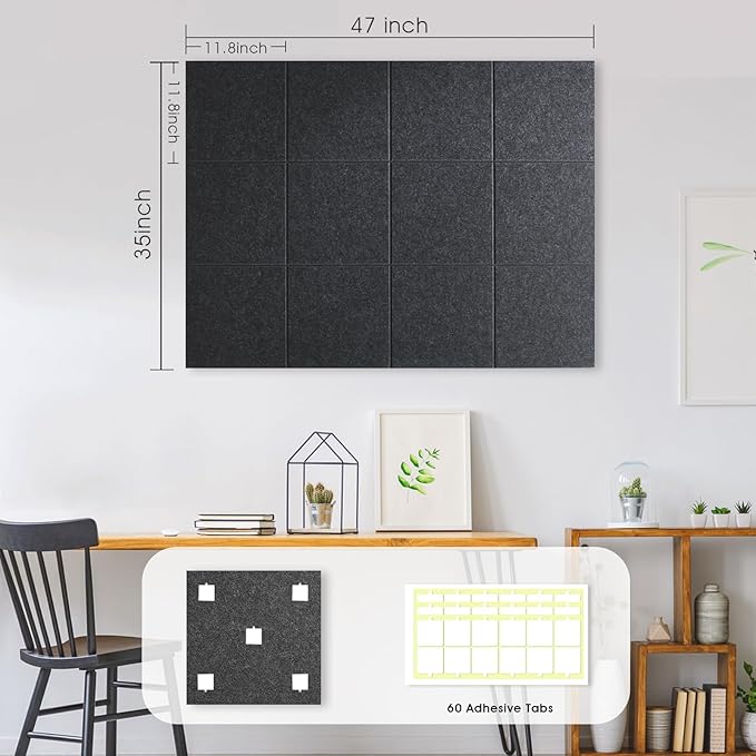 Large Cork Board for Office Wall Decor,48"x36"-12 Pack Felt Wall Tiles with Safe Removable Adhesive Tabs, 1/2" Thick, Felt Bulletin Board Pin Board Cork Boards for Walls - Dark Grey