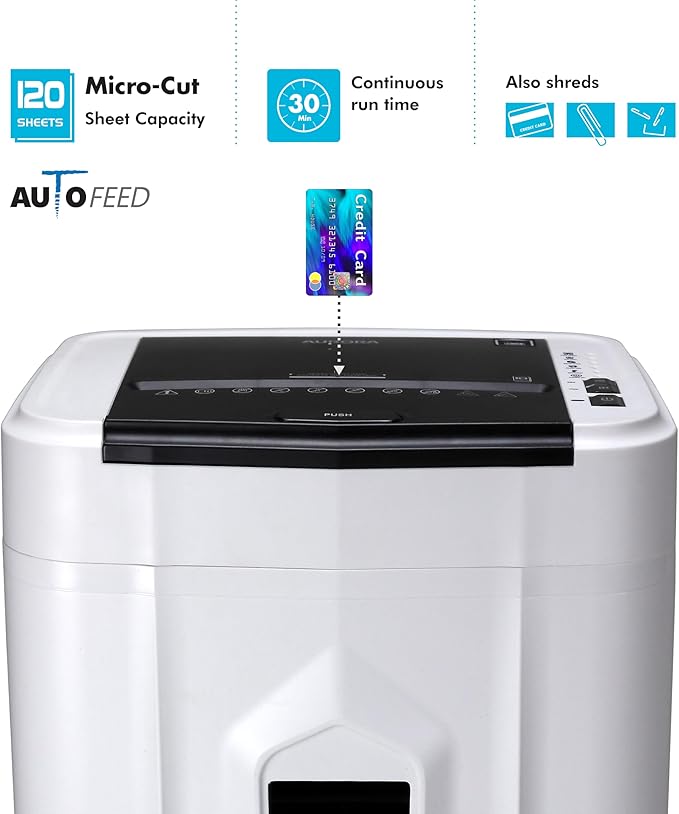 Aurora Professional Grade 120-Sheet Auto Feed Micro-Cut Paper and Credit Card Shredder with 5 Gallon Pullout Basket / 30 Minutes/Security Level P-4 (White/Black)