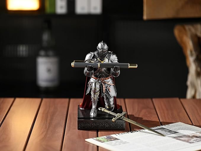 Medieval Armored Warrior Wearing Outerwear, Mobile Phone Stand Knight Pen Holder Desk Organizers, Resin Bookends Paperweight with a Letter Opener for Desk (Iron)