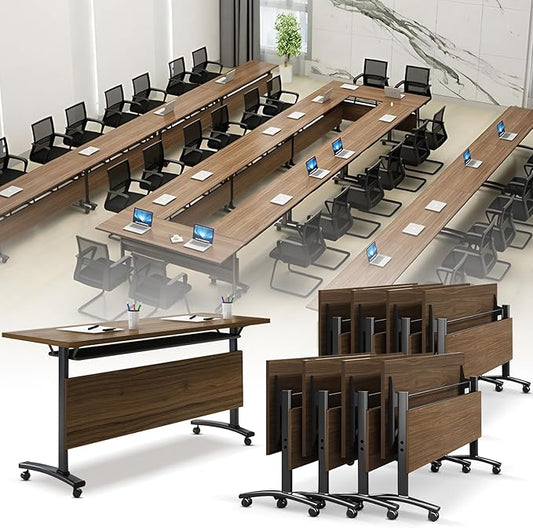 Folding Conference Room Table, Modern Conference Tables with Wheels, Large Rectangular Mobile Training Tables for Office Classroom, Foldable Modular Boardroom Seminar Table Walnut (8pack L63in)
