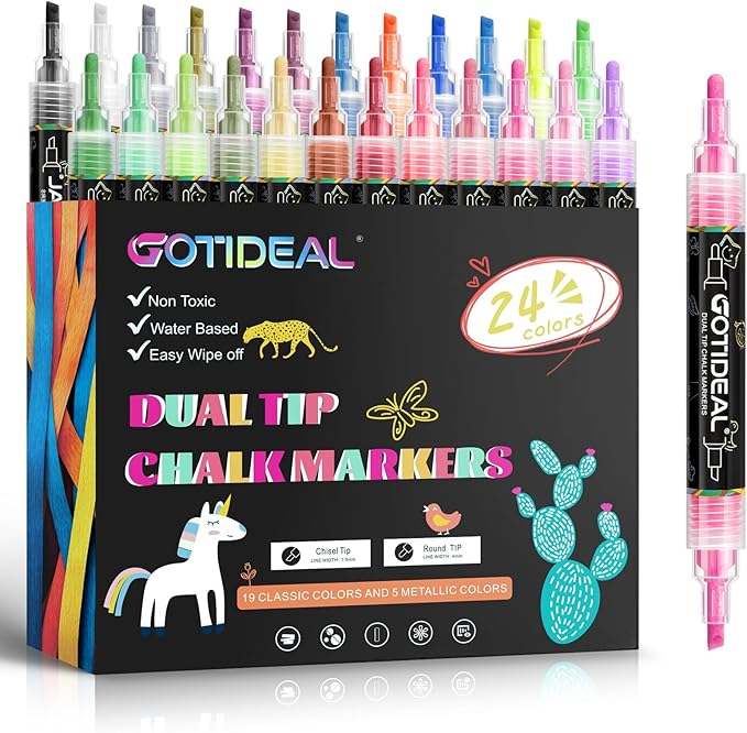 GOTIDEAL Chalk Markers Dual Tips,Erasable Liquid Chalk Marker for Blackboard,Washable Chalk Pens for Auto,Car,Glass,Mirror,Chalkboard,Window markers,24 Colors Chalk Board Markers with Metallic Colors