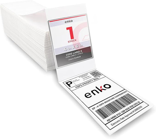 enKo 1 Stack/2000 Labels 4" x 6" Fanfold Direct Thermal Label Compatible for Rollo Zebra Printer - Shipping, Mailing, Postage, Perforated, Permanent Adhesive (2 Labels/Fold)