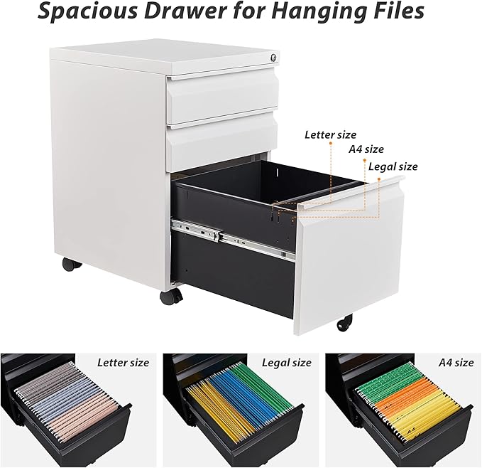 3 Drawer File Cabinet with Wheels, Metal Filing Cabinet with Lock, Office Rolling File Cabinets for A4/Legal/Letter Size, Assembly Required, White