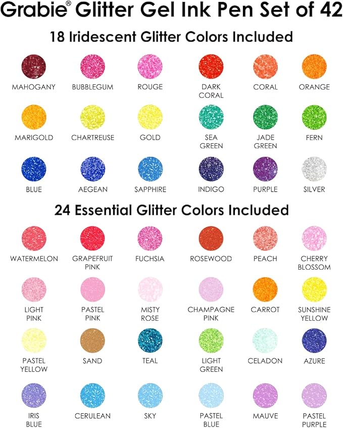 Grabie 42 Glitter Gel Pen Set, 18 Iridescent&24 Essential Color Pens, Smooth Rollerball Tip, Metallic Sparkly Gel Pens for Coloring (42 Colors Capped Glitter Gel Pens)