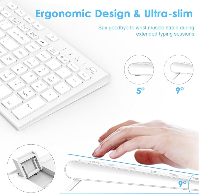 FENIFOX Wireless Keyboard Mouse Combo, Ergonomic Rechargeable Silent Quiet Slim Compact Full-Size USB C with Number Pad Flat Soft Cover for PC Computer Laptop Mac MacBook iMac TV Windows OS - White