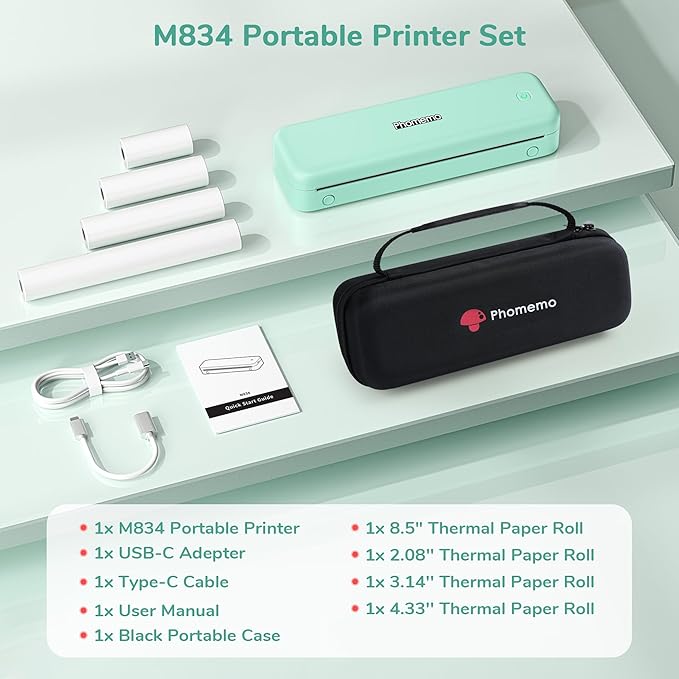 Phomemo Portable Printers Wireless for Travel,M834 Bluetooth Thermal Printer 8.5" x 11"& A4 Size,Inkless Mobile Printer with Carry Case for Travel,Office,School,Car,Home,Green
