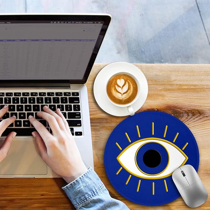 Evil Eye Lucky Round Mouse Pad, Small Mouse Pad with Non-Slip Rubber Base, Stitched Edge Mousepad for Desk Wireless Mouse, Gaming Mouse Mat for Computer Laptop Home Office Women Men, 8.6 x 8.6 Inch