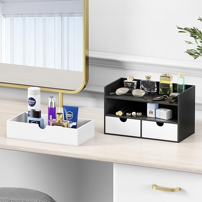 Wisuce Desk Organizer with Drawers - Bamboo Desktop Organizer Storage | Black-White Wood Desk Makeup Dresser Top Organizer for Cosmetics No Assembly Required