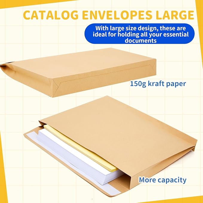 20 Pcs 12 x 16 x 1.6 Inch Large Expandable Catalog Envelopes Manilla Kraft Peel and Seal Envelopes Light Brown Large Mailing for Office Home Documents Magazines Photos Storage Organizing