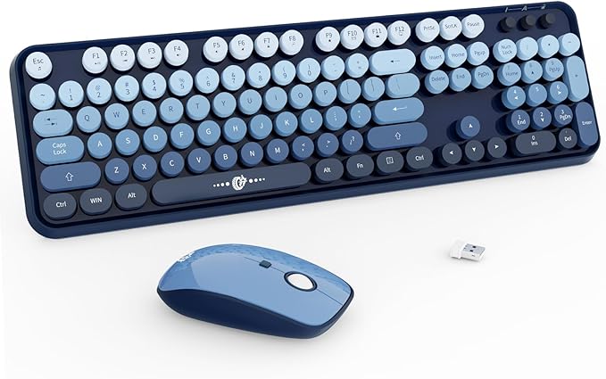 FOPETT Wireless Keyboard and Mouse Combo - 2.4G Full-Sized Cute Colorful Mouse and Keyboard with 104 Round Keys Retro Typewriter Keyboard for Laptop/Windows/PC - Blue Gradient