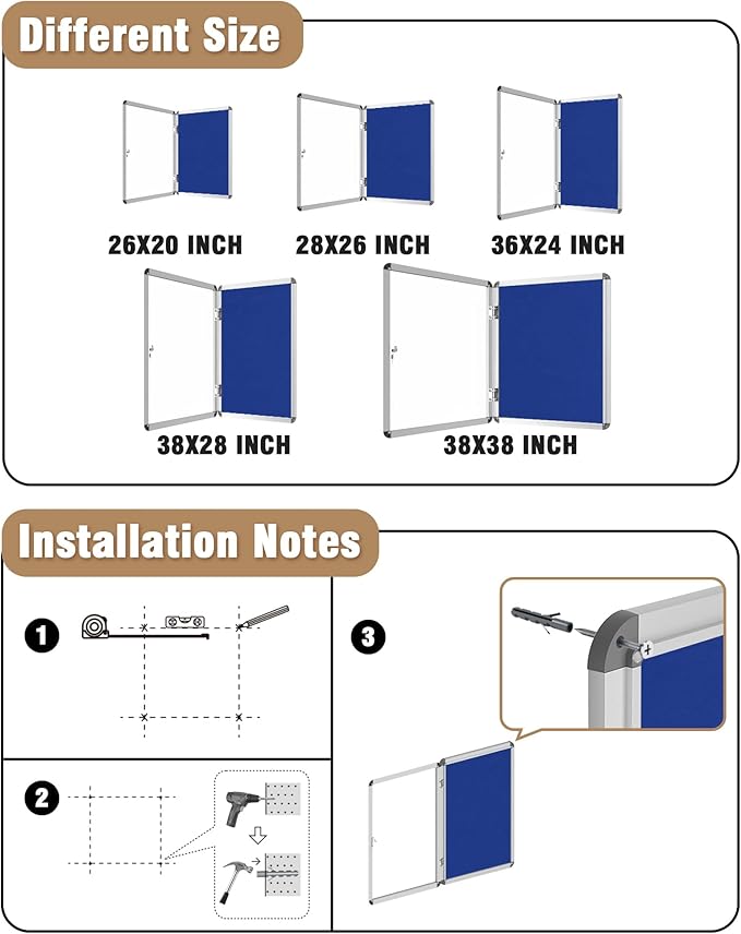 38"x28" Enclosed Bulletin Board, Lockable Weather-Resistant Aluminum Cork Noticeboard for School & Office, Silver Frame w/Blue Flet