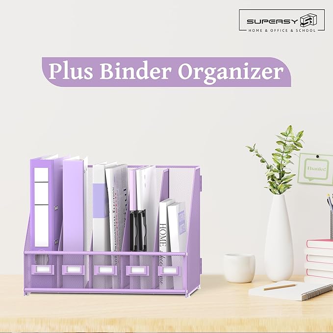 SUPEASY Desk Organizers Metal Desk Magazine File Holder with 5 Vertical Compartments Rack File Organizer for Office Desktop, Home Workspace, Purple Plus