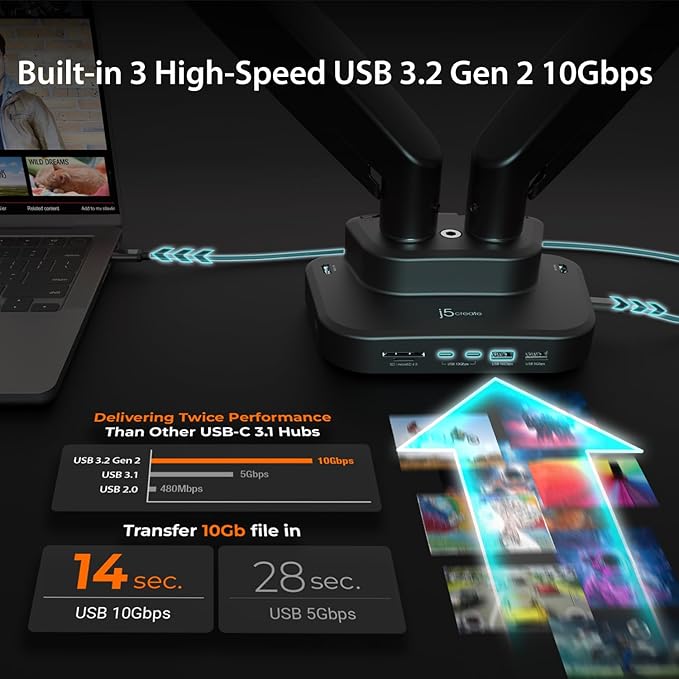 j5create Dual Monitor Mount with 10-in-1 Docking Station, Fully Adjustable Monitor Desk Stand for 2 Screens up to 32 inch, Conveniently Set Optimal Angle and Maximize Productivity (JTSA302)