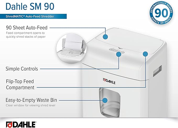 Dahle ShredMATIC SM 90 Auto-Feed Paper Shredder, Cross Cut, 90 Sheet Feed Tray, German Engineered, Jam Protection, Oil Free, SmartPower, P-4 Security, Shreds Staples/Paper Clips/Credit Cards