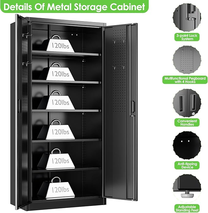 Aobabo Upgraded 71" H×34" W×18" D Metal Garage Storage Cabinet with Pegboards, Lockable Steel Cabinet with 5 Adjustable Shelves and 4 Hooks for Garage, Home, Office, Black,Assembly Required