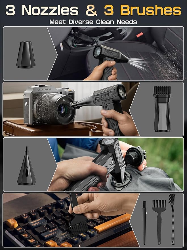 Electric Air Duster, 300000RPM 4-Gear Adjustable Compressed Air Duster with Light, Rechargeable Brushless Motor Air Blower for Keyboard, PC, Car, and Home Cleaning Reusable Replaces Compressed Air Can