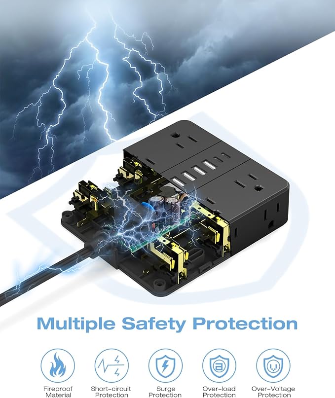 20FT Surge Protector Power Strip,12 AC Outlets with 6 USB Ports (2 USB-C), Flat Plug Extension Cord with Multiple Outlets, Wall Mount for Home Office,Dorm,Black
